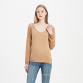 women knit top long sleeve with Deep V neck lace trim Dip Dyed rayon material soft blouse women soft T-shirt